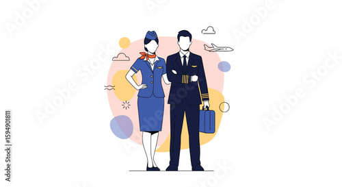 Professional aviation crew members including pilot and flight attendant in uniforms ready for travel and transportation services