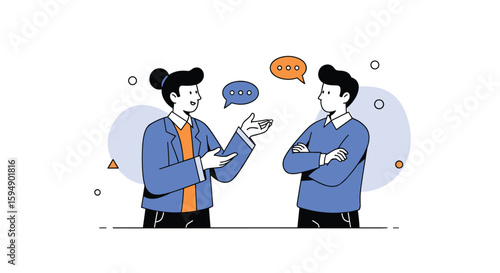 Two people engaged in a friendly discussion with speech bubbles overhead illustrating communication and conversation