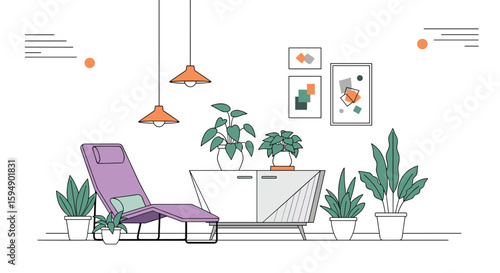 Cozy living room scene featuring a comfortable chaise lounge and abundant greenery in a modern aesthetic