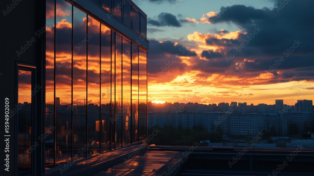 Fototapeta premium Fiery Sunset Reflection on Modern Building Facade in Urban Landscape