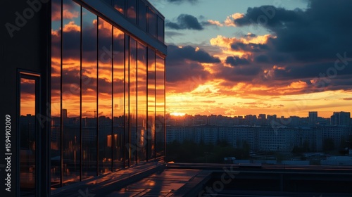 Fiery Sunset Reflection on Modern Building Facade in Urban Landscape