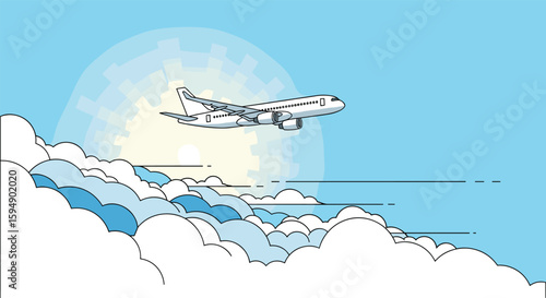 Commercial airliner gracefully ascends above a sea of fluffy white clouds under a bright sunlit sky