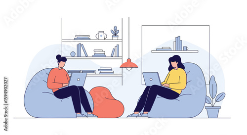 Two people working on laptops sitting in comfortable beanbag chairs in a modern coworking space with bookshelves and plants creating a relaxed atmosphere