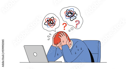 Illustrative depiction of a person experiencing overwhelming cognitive load and mental confusion while working on a computer