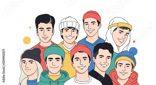 A diverse group of young men posing together smiling warmly in colorful winter apparel showing friendship and community spirit
