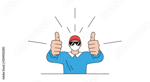 Excited person gives two thumbs up while wearing sunglasses and a hat expressing joy and approval