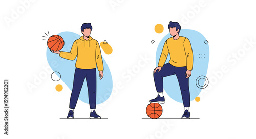 Young man playing basketball two poses dynamic action illustration style flat design vector