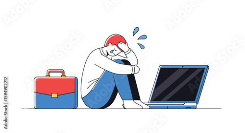 A stressed person huddled by a laptop and briefcase depicting work overload and mental health challenges