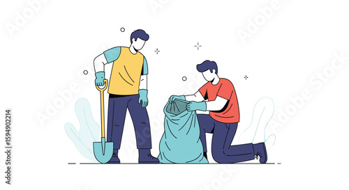 Two men are working together to clean up a park filling a large bag with trash and debris from the ground using a shovel for collection