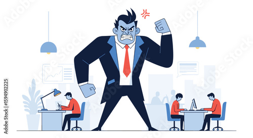 Boss tyrant intimidates employees in office environment causing stress and fear among workers