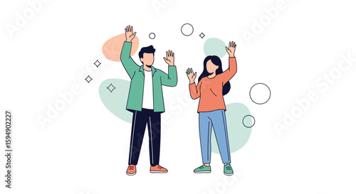 Two happy people celebrating and enjoying a fun moment together with abstract shapes floating around them