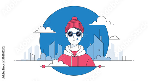 Modern urban character with sunglasses and beanie in a stylized cityscape background illustration