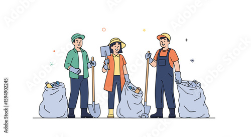 Team of volunteers working together to clean up the environment collecting trash in large bags for a greener planet