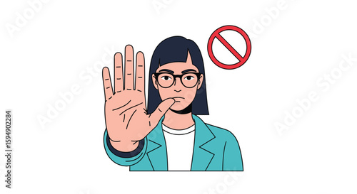 Woman holding up hand to signal stop and a red prohibition sign indicating forbidden action