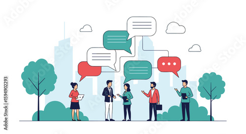 Business professionals discussing ideas and collaborating in a modern city environment surrounded by trees and green spaces promoting healthy work-life balance and communication