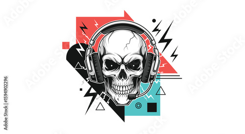 Graphic illustration of a cool skull wearing headphones and a headset in abstract geometric style