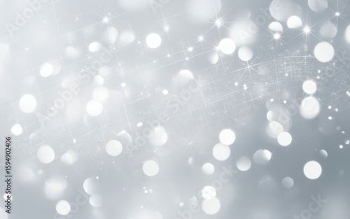 Soft bokeh lights on silver and white gradient background with sparkles for ethereal Christmas or New Year holiday background and elegant design