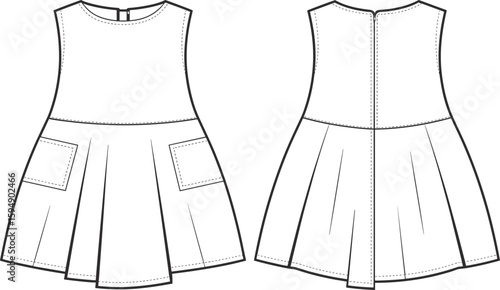 Sleeveless pleated dress fashion sketch with round neckline and front pockets, front and back view, cad drawing flat vector illustration