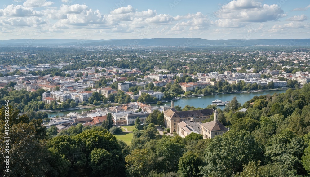 Panoramic aerial view of Pau, France. Cityscape spreads with river and plants. Buildings and churches form urban landscape. Town features architecture, landmarks. Panoramic aerial view of Pau, France. Cityscape spreads with river and plants. Buildings and churches form urban landscape. Town features architecture, landmarks.