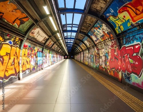 Vibrant graffiti tunnel with colorful artwork and architectural details