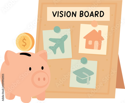 Savings Vision Board.A piggy bank next to a vision board featuring images of travel, home, and education goals — visualizing financial dreams.