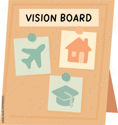 Savings Vision Board.A piggy bank next to a vision board featuring images of travel, home, and education goals — visualizing financial dreams.