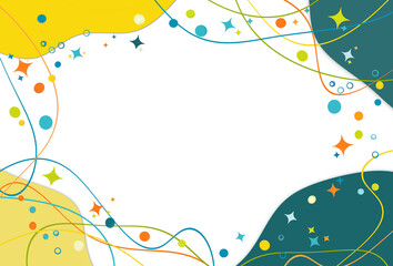 Сolorful teal green- yellow framework template with wavy lines , polka dots ,stars on white background. Presentation ,invitation, greeting concept. Free copy space.