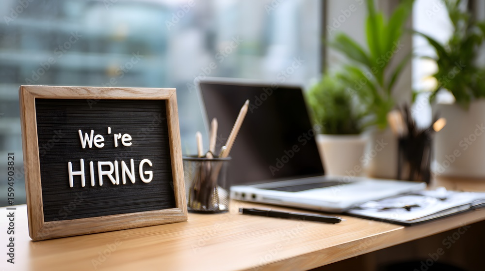 Black letter board with white text We're Hiring on a wooden desk with laptop and plants employment job opening Black letter board with white text We're Hiring on a wooden desk with laptop and plants employment job opening