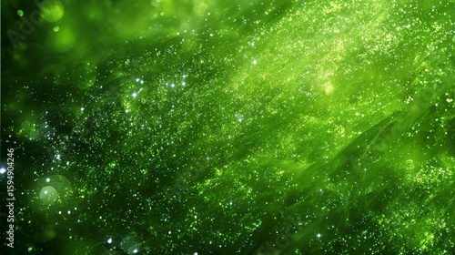 Abstract green background with sparkling particles and blurred lens flare