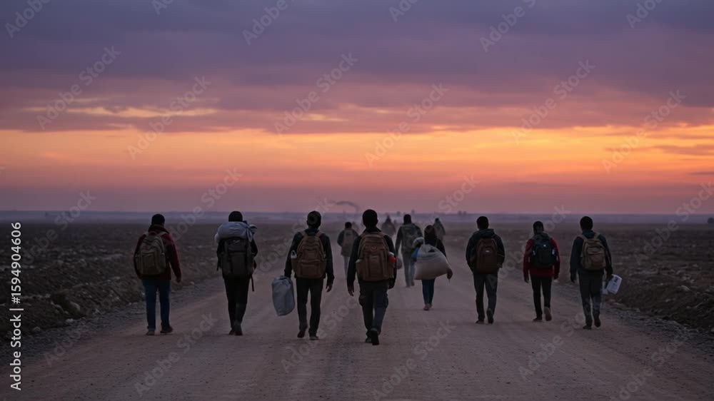 People Walking on a Dusty Road at Sunset with Backpacks People Walking on a Dusty Road at Sunset with Backpacks