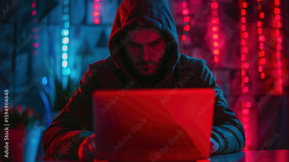 Obraz premium Shot from the Back to Hooded Hacker Breaking into Corporate Data Servers from His Underground Hideout. Place Has Dark Atmosphere, Multiple Displays