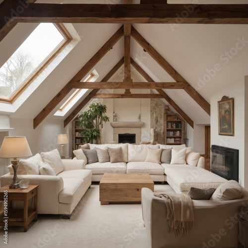 Spacious garret living room with exposed wooden beams, skylights. Features plush sectional sofa, rustic coffee table, stone fireplace, bookshelves. Chic, modern furnishings create cozy, inviting