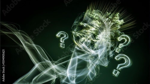Smoke swirls around question marks and a tree like structure on dark background