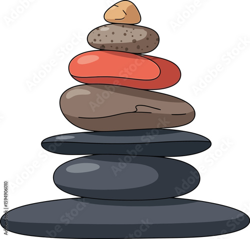 Illustration of a stack of seven smooth stones balanced on top of each other on a white background