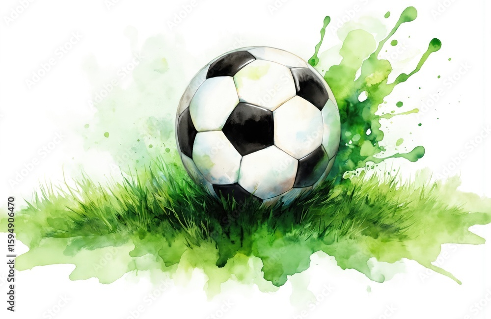 Naklejka premium Watercolor illustration of classic football on green grass. Abstract green splashes, white background create dynamic artistic feel. Vibrant imagery suitable for sports themes, game promotions,