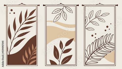 Three framed botanical wall hangings with leaves and abstract shapes in neutral color palette