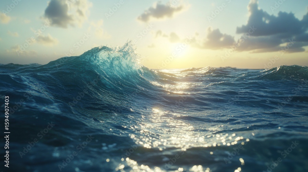 Fototapeta premium Sparkling Ocean Wave at Sunrise, Majestic Coastal Scene
