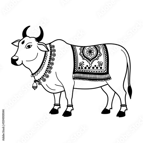 Decorated indian cow with ornaments in black outline silhouette