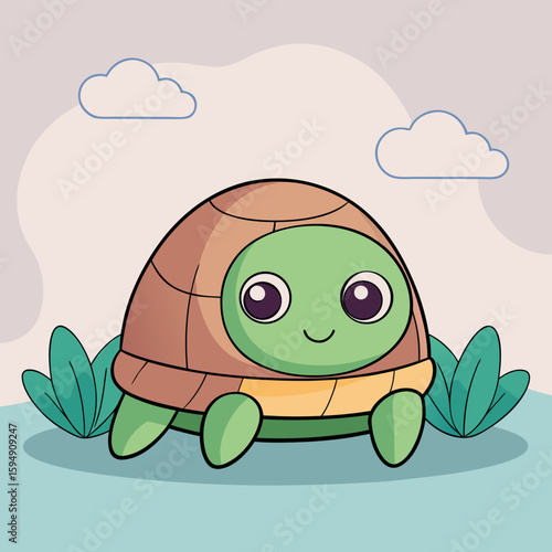Shy Cartoon Turtle Hiding in Shell