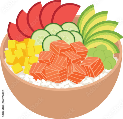 A bowl filled with rice, salmon cubes, mango, avocado slices, cucumber, and tomato slices