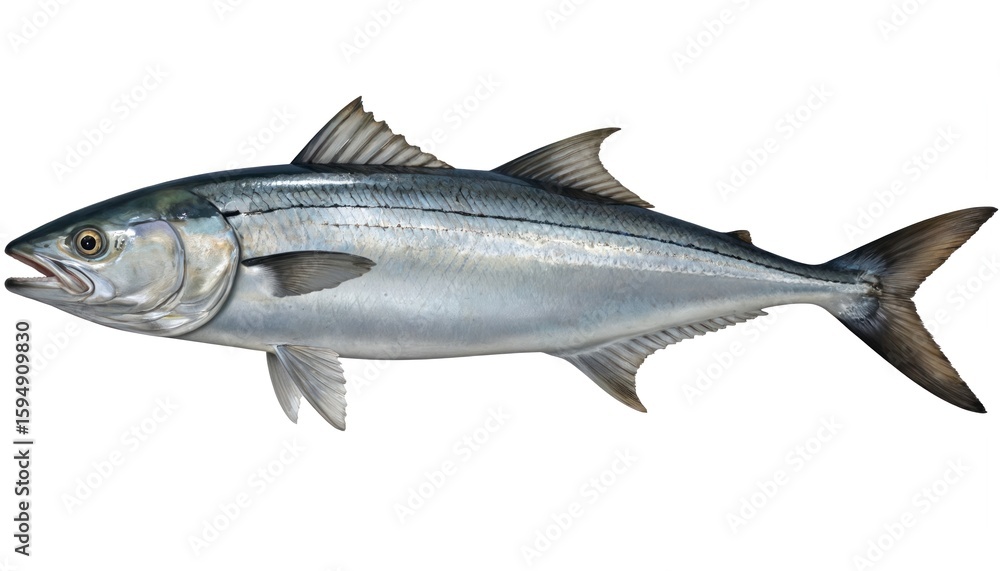 Fototapeta premium Realistic 3D illustration of king mackerel fish, detailed with silver scales, fins. Realistic representation of marine animal isolated on clean white background, perfect for food, fishing themes.
