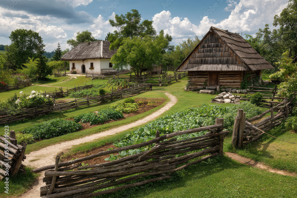 picturesque rural scene showcasing vibrant vegetable garden and charming farmhouse picturesque rural scene showcasing vibrant vegetable garden and charming farmhouse