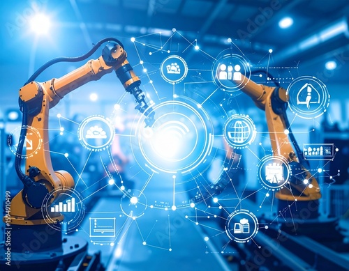 Industrial robot arm with technology icons and digital connections