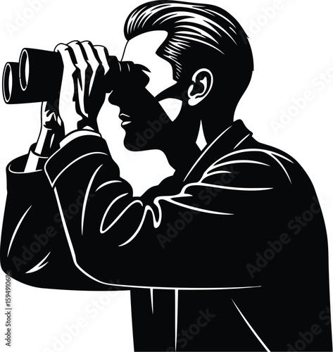 Vector art of a silhouetted man with binoculars is isolated on white background, intently looking and searching, perhaps strategizing for future business opportunities