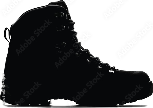 Vector art of a hiking boot silhouette is isolated on white background, representing outdoor adventure, rugged terrain, and durable footwear