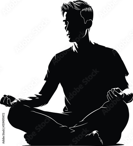 Vector art of a silhouette of a man in a lotus pose meditating, isolated on white background, embodies peace, mindfulness, and the pursuit of inner balance