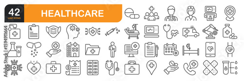Set of line icons related to Healthcare, medical, pharmacy, vaccine, stethoscope and more. Outline icons collection. Editable stroke. Vector illustration.
