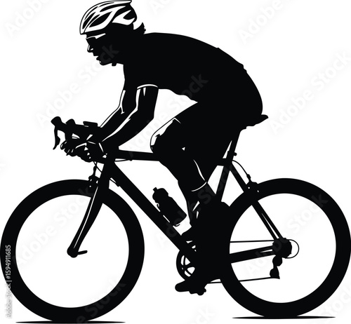 Vector art of a dynamic silhouette of a cyclist speeding along the road, isolated on white background, showcasing the intensity and athleticism of the sport