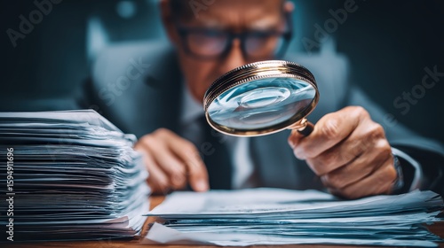 A person closely examines documents with a magnifying glass, highlighting careful scrutiny or investigation in a professional setting.