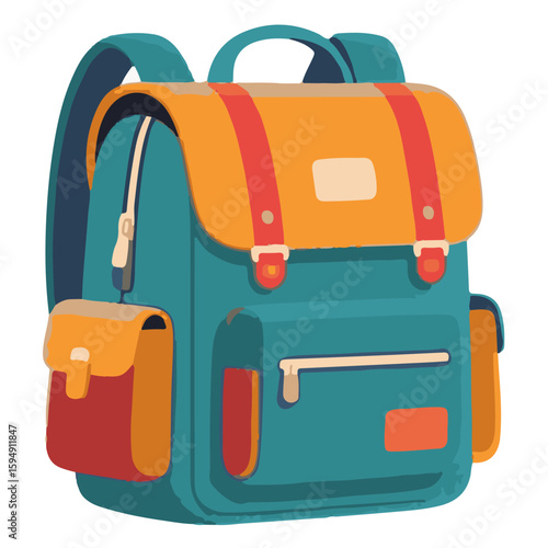 Colorful Cartoon Backpack with Orange Flap and Red Straps Front View.